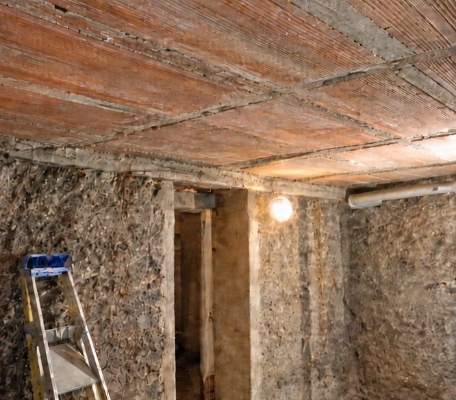Plancher de cave avant renforcement, plafond en briques et murs en moellons – DFE RENOV