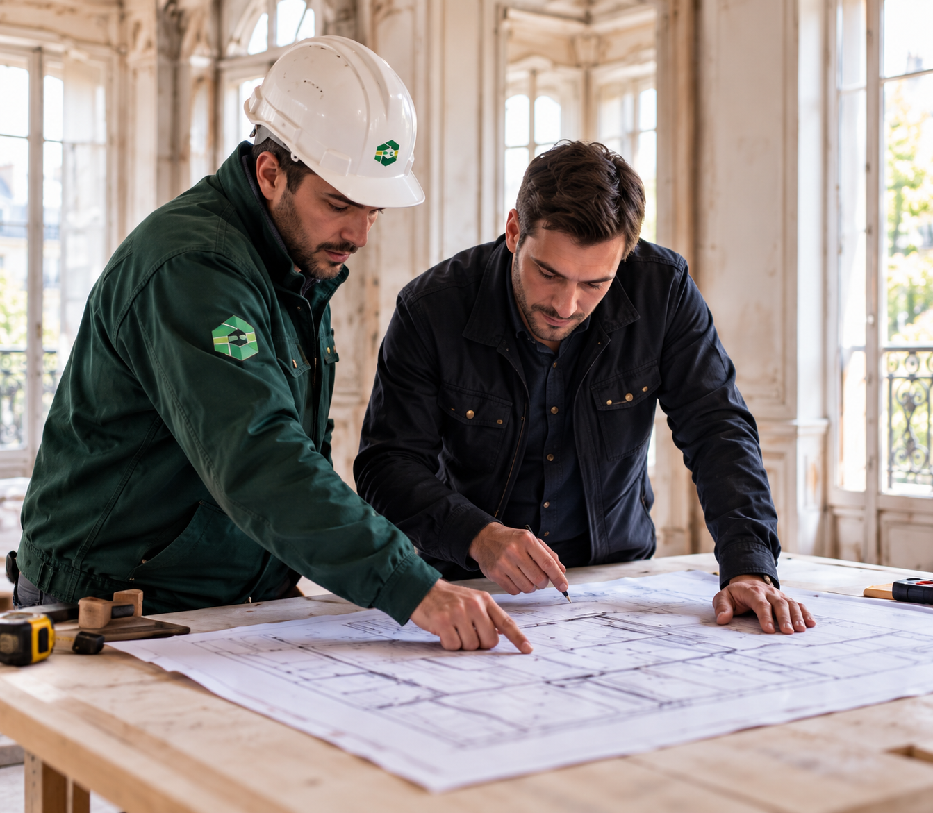 Deux professionnels du bâtiment consultent des plans sur une table, dont un portant un casque blanc et une veste verte.