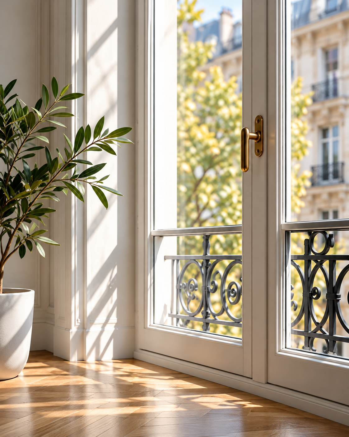 Fenêtre blanche avec poignée en laiton, garde-corps en fer forgé et plante verte, éclairée par la lumière naturelle.