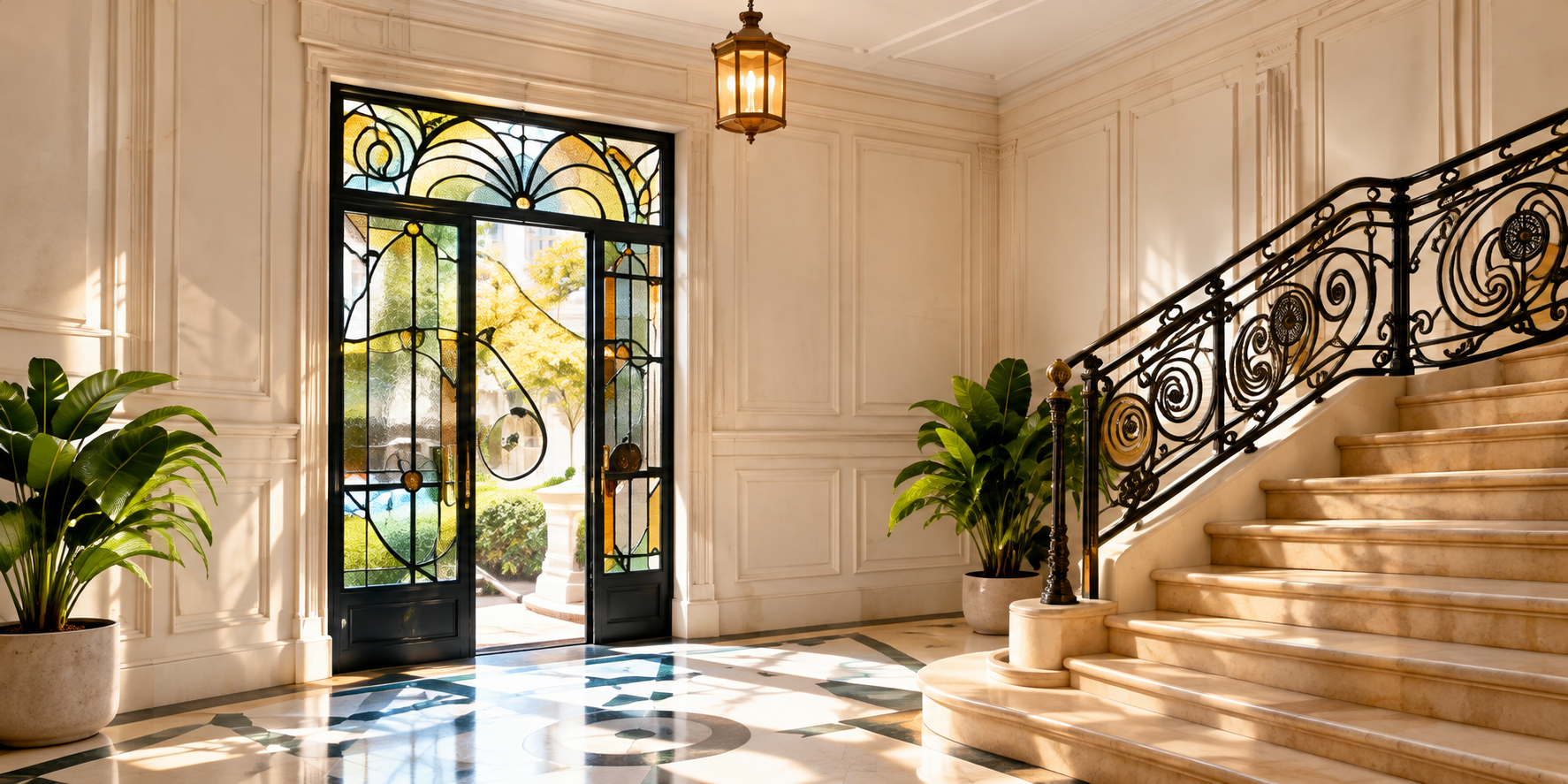 Hall d’entrée lumineux avec porte vitrée, escalier en pierre et rampe en fer forgé.