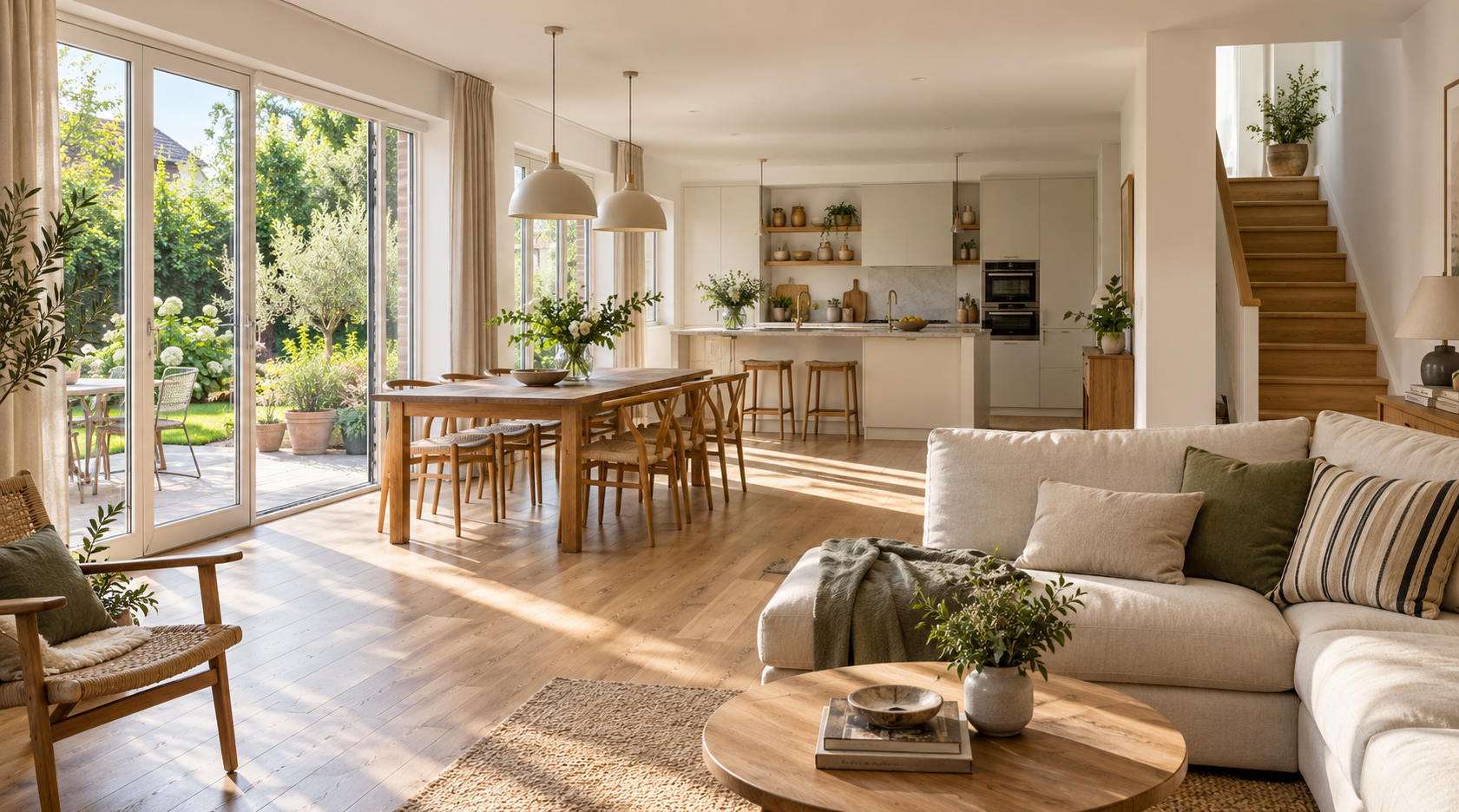 Intérieur lumineux d’une maison avec salon, cuisine ouverte, parquet, escalier en bois et baies vitrées donnant sur le jardin.
