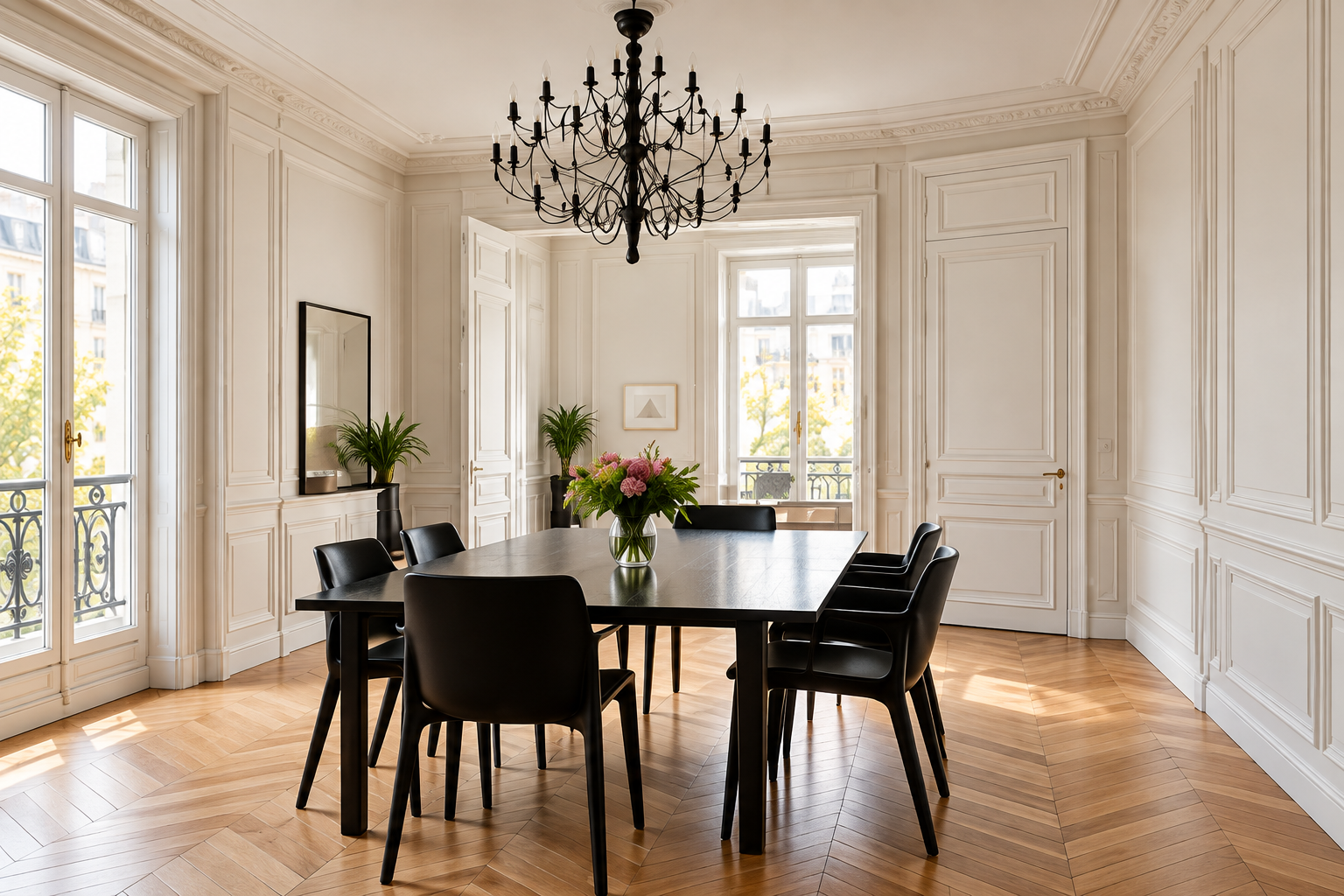  Salle à manger lumineuse avec parquet en chevrons, moulures blanches, table noire et lustre à plusieurs branches.