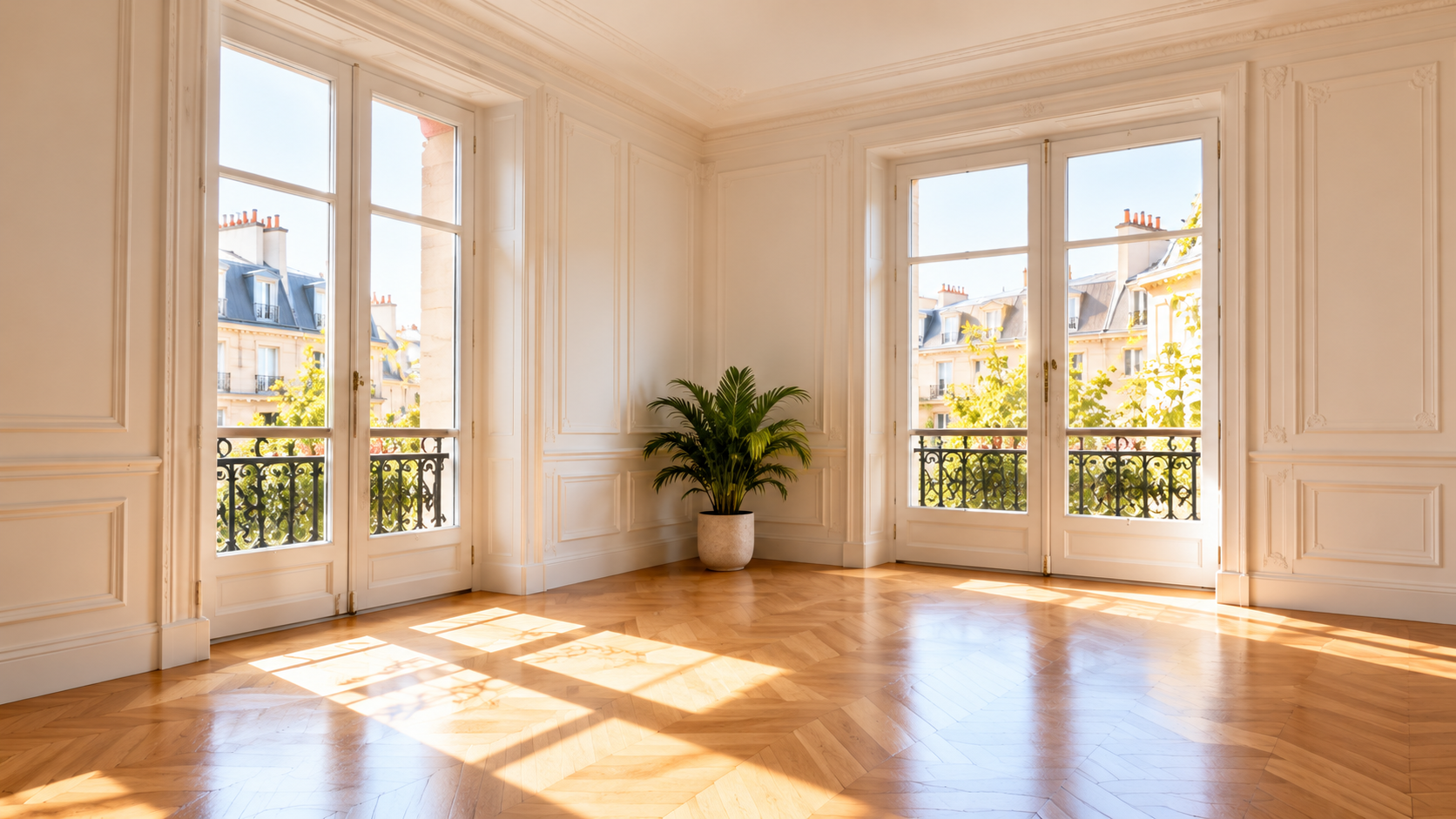 Pièce lumineuse avec parquet en chevrons, moulures blanches, grandes portes-fenêtres et plante en pot.