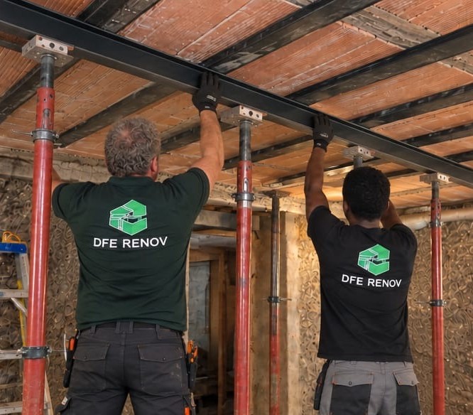 Équipe DFE RENOV posant les profilés métalliques sous étais pour renforcer un plancher de cave
